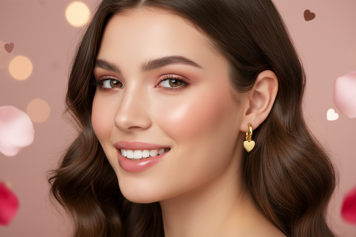 A pair of gold-plated detachable dangle heart earrings on small hoops.